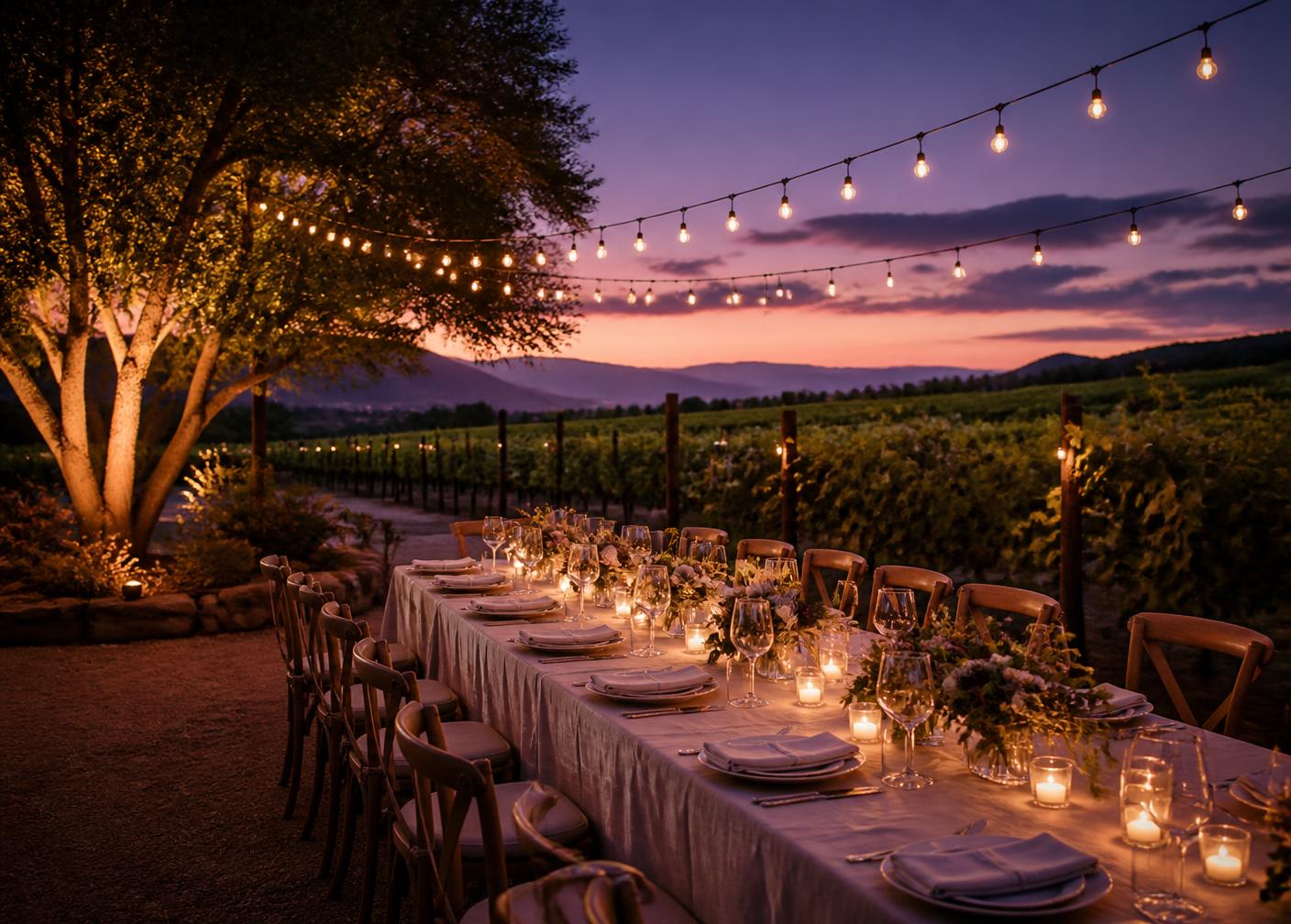 A long dinner table under festoon lights in a vineyard at twilight