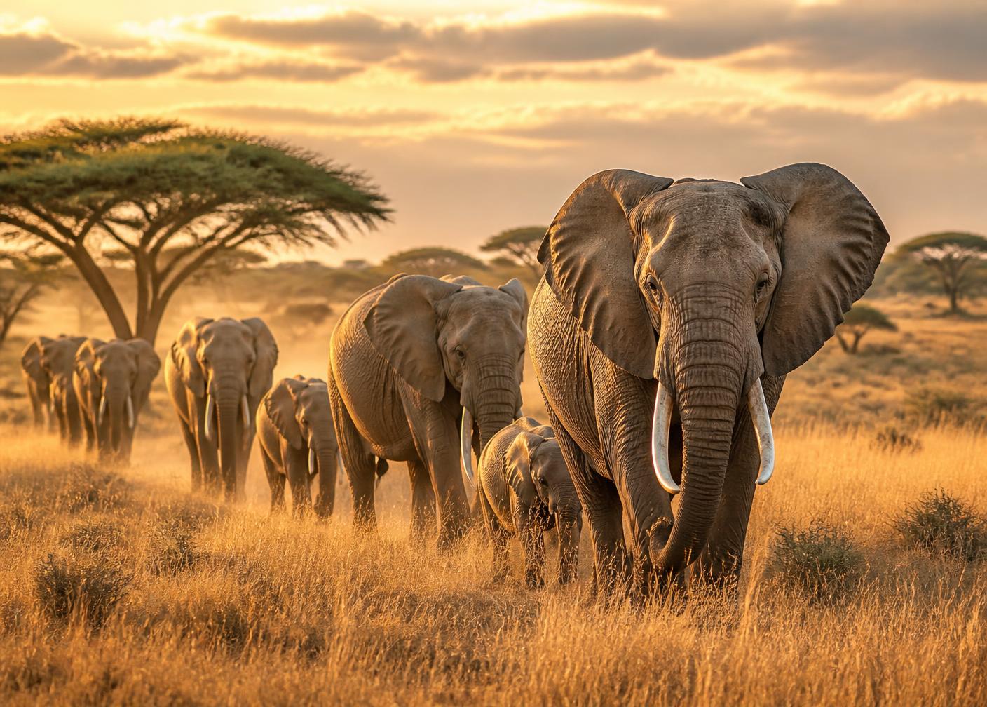 A herd of elephants crossing golden savanna in late light