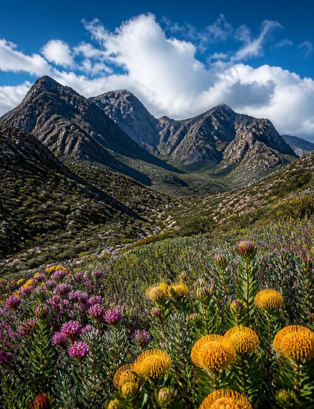 Cape fynbos and proteas in flower below dramatic peaks