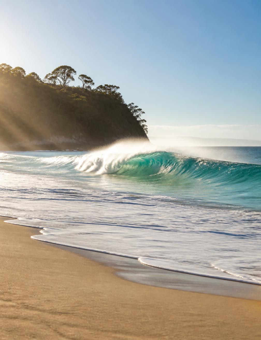 A clean peeling wave backlit by morning sun