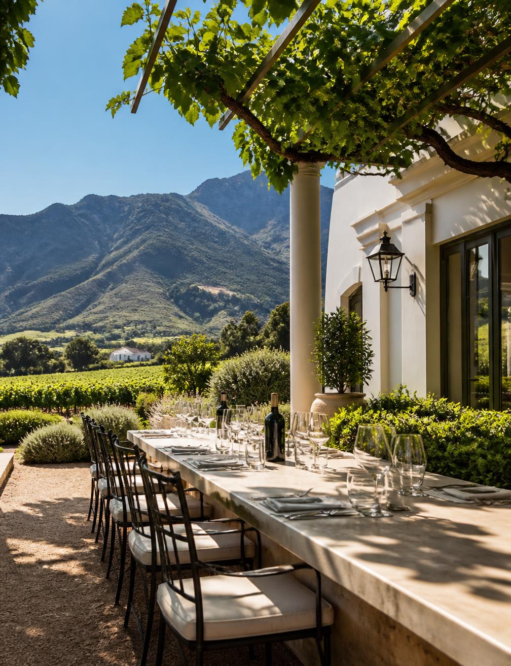 A sunlit wine estate terrace with a long table under vines