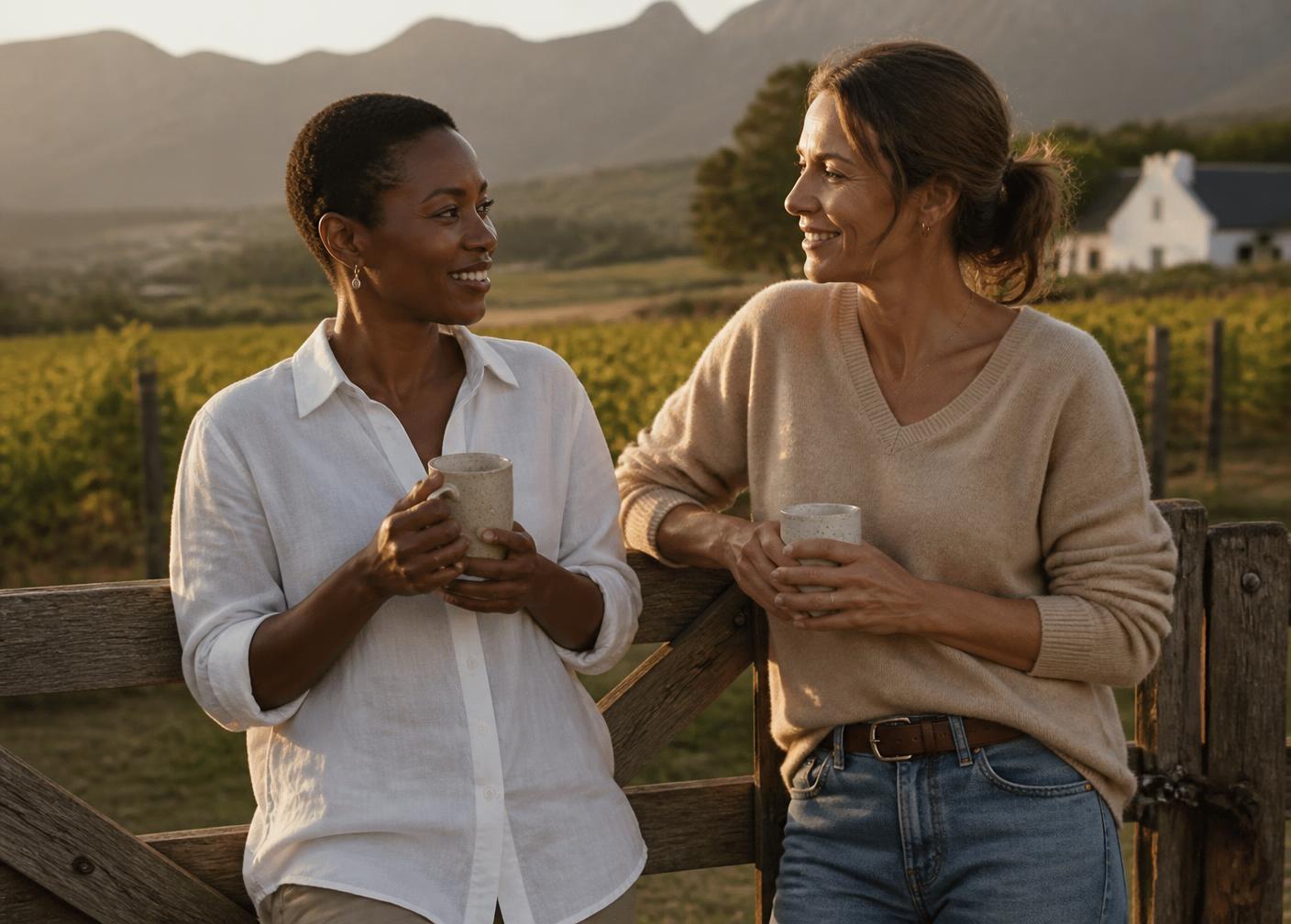 Two women with coffee leaning on a gate at a wine farm at sunset