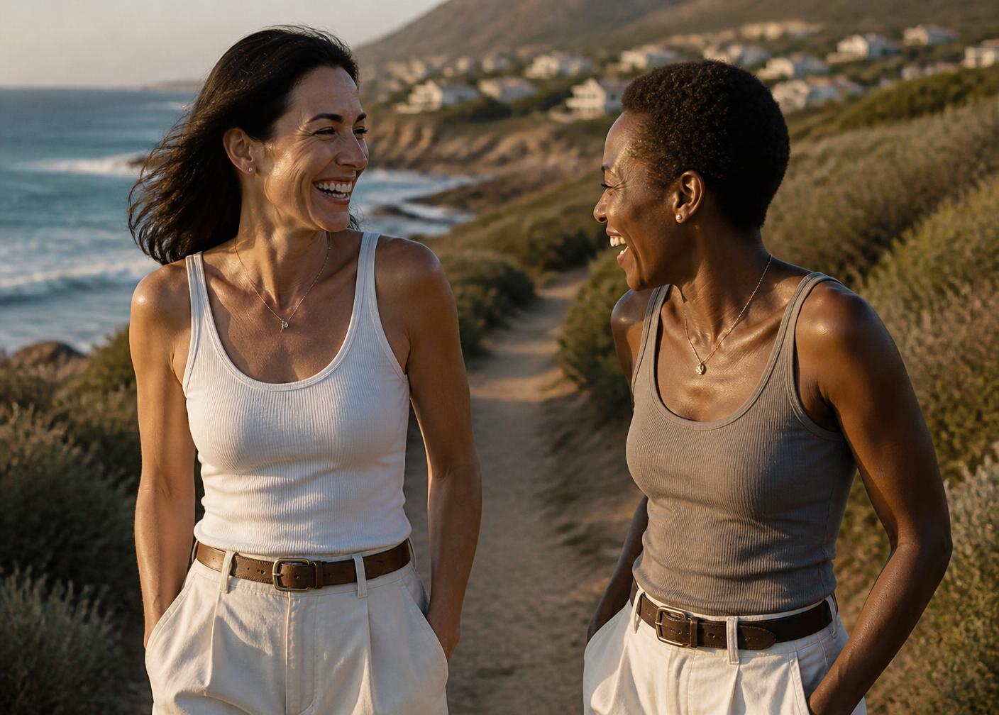Two women walking a coastal path at golden hour, laughing together